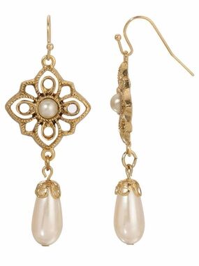 NWT 2028 14K Gold Dipped Teardrop Faux Pearl Dangle Earrings W/Filigree